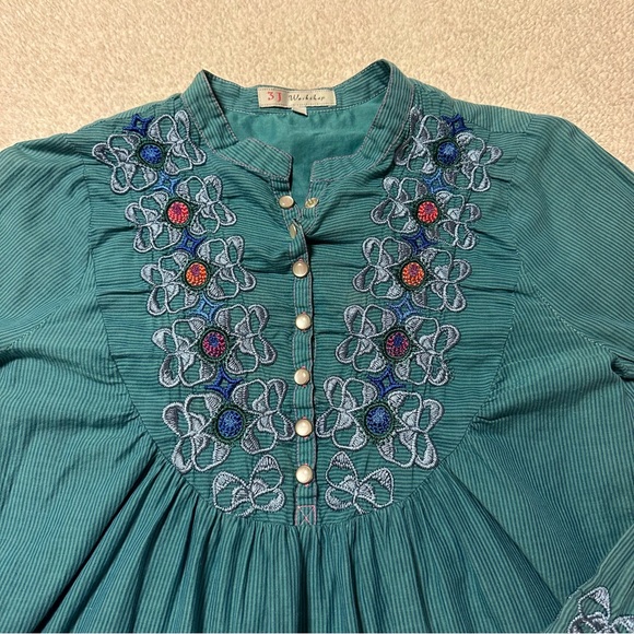 Johnny Was 3 J Workshop Blue Embroidered Prairie Western Shirt Blouse - Picture 10 of 11